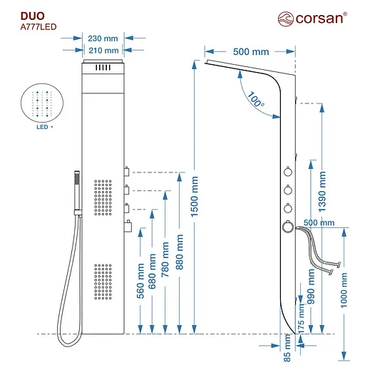 Душова панель Corsan Duo black LED A777MBLLED, Чорний матовий - фото 5