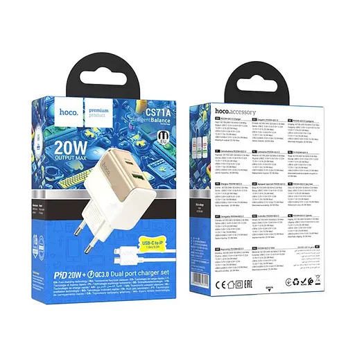 Зарядний пристрій Hoco CS71A USB/ Type-C PD QC білий + кабель Type-C to Lightning - фото 4