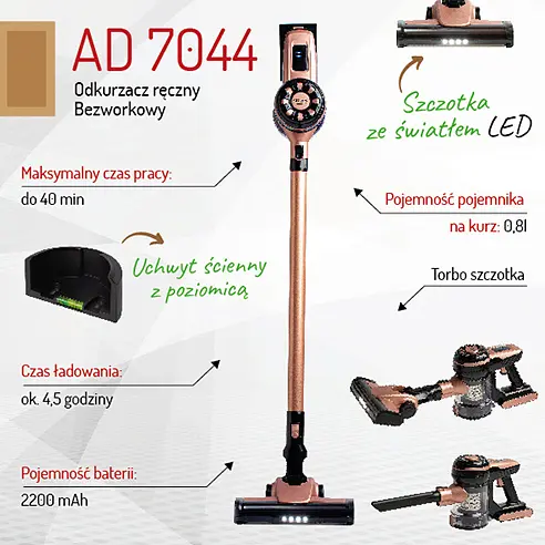 Пылесос ручной беспроводной Adler AD 7044 аккумуляторный 120 Вт TURBO 40 мин работы контейнер 0,8 л LED-подсветка - фото 9