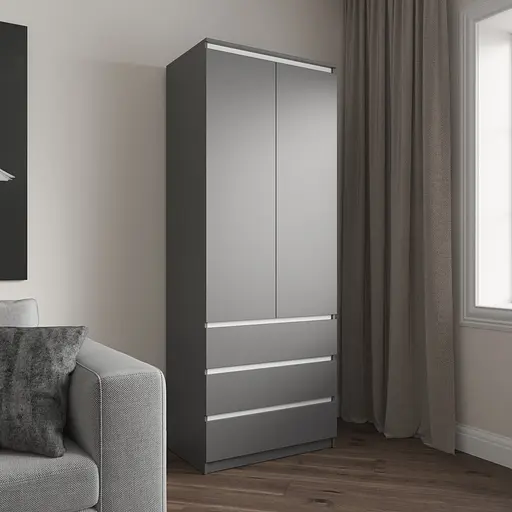 Шкаф для одежды Vays R-16 Антрацит-Белые планки, 3 ящика, полки, без ручек, ЛДСП, 80×50×211 см – для спальни, гостиной, прихожей