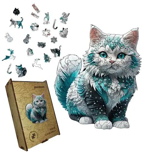 Пазл деревянный Кошка Снежинка, А3, 200 элементов, Деревянная коробка