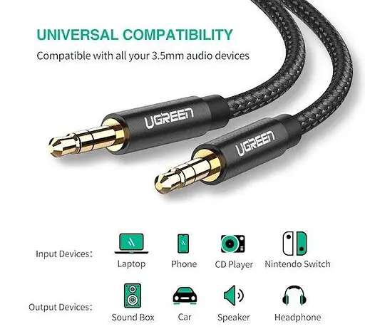 Аудио кабель Ugreen AV112 3.5 мм Male to 3.5 мм Male Cable золотистый Plated Metal Case with Braid (50361) - фото 3