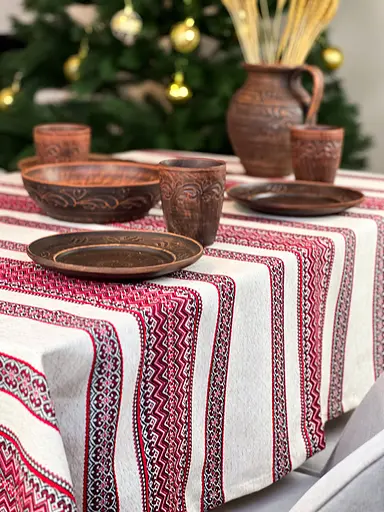 Лляна скатертина різдвяна з українським орнаментом "Рандеву червоний" - 150х110 см - фото 9
