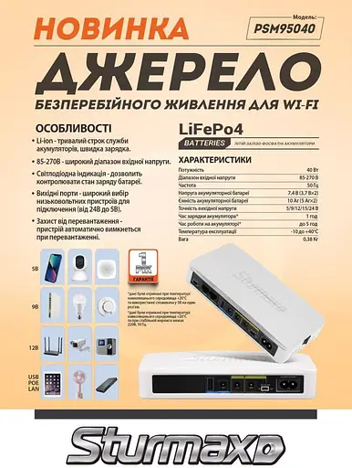 Джерело безперебійного живлення для Wi-fi 40 Вт Sturmax PSM95040 - фото 5