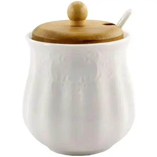Сахарница Interos фарфоровая с ложкой и деревянной крышкой 340 мл (PJ03195-1)