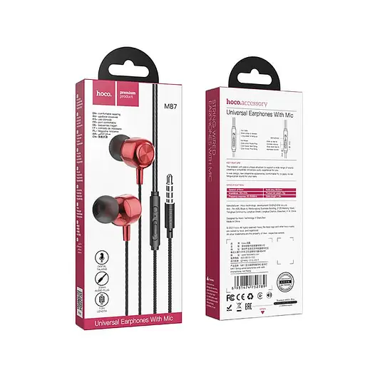 Проводные вакуумные наушники Hoco M87 String wired earphones with microphone, 3.5mm, 1.2m, red - фото 3
