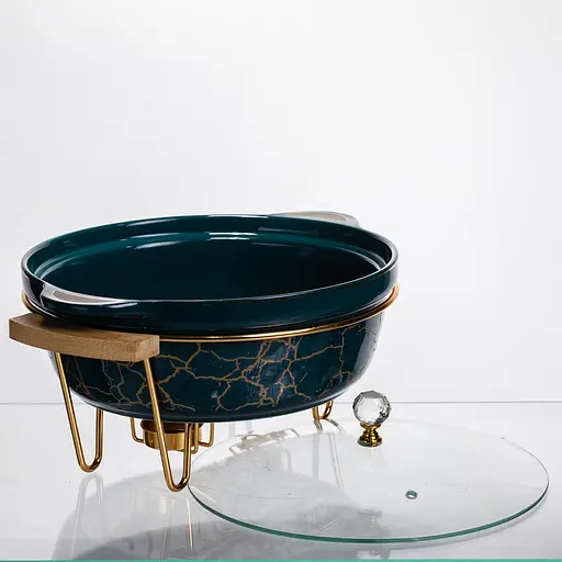 Мармит фарфоровый настольный круглый 2(л) мармитница с подогревом Зеленый мрамор Yiwu LC-715 - фото 5