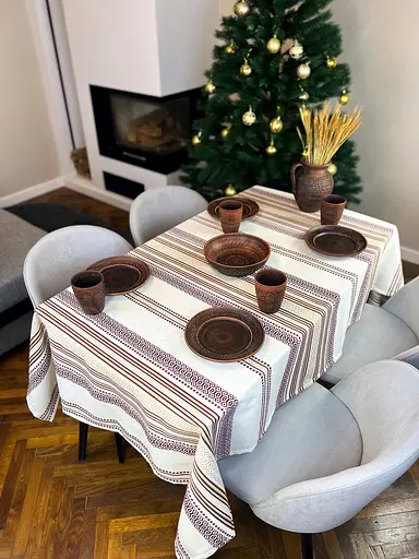 Лляна скатертина різдвяна з українським орнаментом Промінь 250х150 см