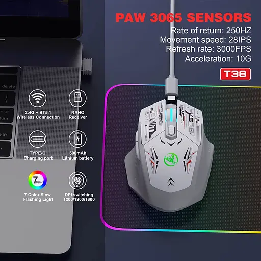 Мышь беспроводная HYSJ Т38 с аккумулятором и подсветкой 2.4G Bluetooth White - фото 6