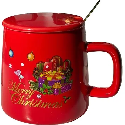 Кружка новогодняя Olens 8030-292-3 Рождественская с крышкой и ложкой керамическая 400 мл Красная - фото 1