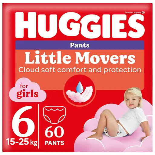Уцінка. Набір підгузки-трусики для дівчаток Huggies Little Movers Pants 6 (15-25 кг) 60 шт. - фото 1