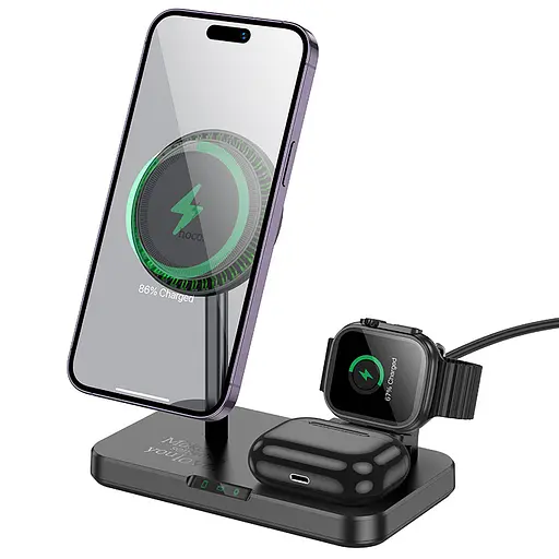 Бездротовий зарядний пристрій Hoco CQ12 Joyfull 3-in-1 wireless fast charger Чорний - фото 1