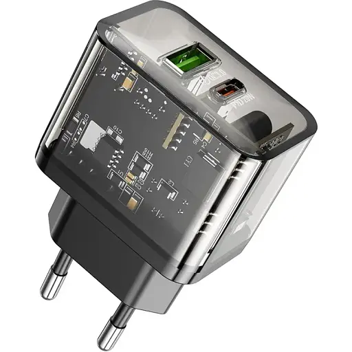 Мережевий зарядний пристрій Hoco N34 Dazzling dual-port PD20W+QC3.0 charger (EU) Transparent Чорний - фото 1