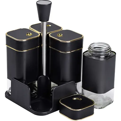 Набір ємностей для спецій Yiwu HP-1306 на підставці 4 шт. по 120 мл чорний  - фото 2