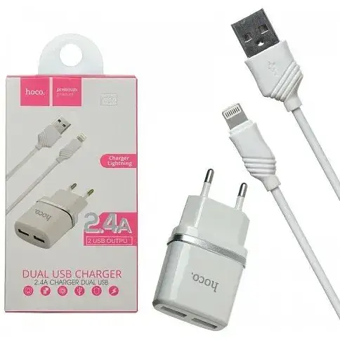 Адаптер живлення 2 USB Hoco C12 + Юсб кабель для iPhone набір білий 6957531047766 - фото 1