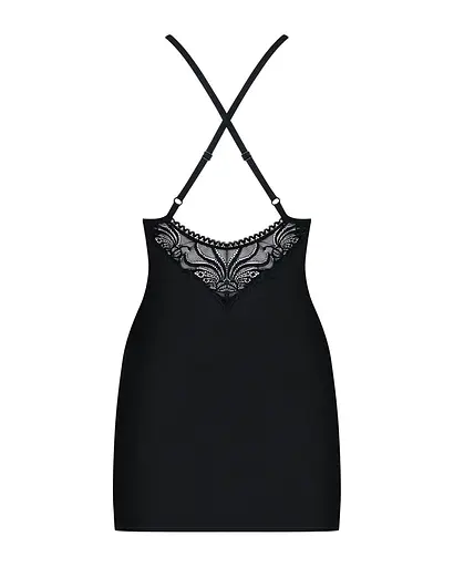 Сатиновый комплект для сна с кружевом Obsessive 828-CHE-1 chemise & thong черный сорочка стри S/M - фото 6