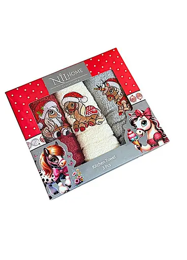 Набір 3 махрові рушники Nilteks кухонні 40х60 см New Year's horse різнобарвний TC303376106