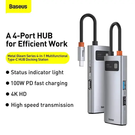 Док-станция адаптер хаб Baseus Metal Gleam Series 4-in-1 - Type-C to 2Usb HDMI Type-C (CAHub-CY0G) - фото 4