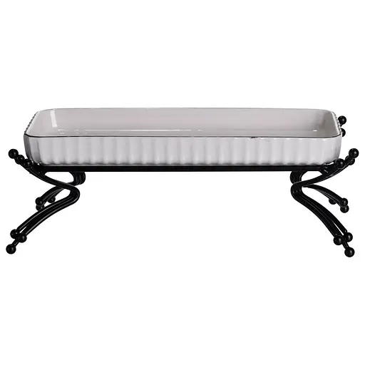 Порцелянове блюдо для сервірування на металевій підставці 37×18×5 (см) блюдо для подачі закусок Білий із чорним Yiwu LB-1566B - фото 3