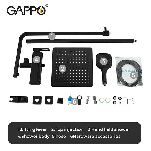 Душова система Gappo G2417-6, вилив - перемикач на лійку, Чорний матовий - фото 6