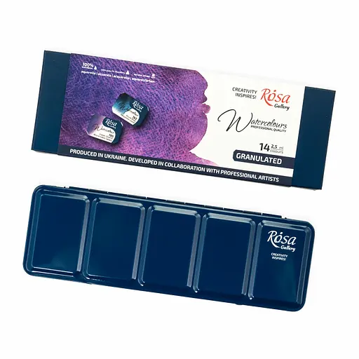 Набір акварельних фарб GRANULATION 14 кол. 2.5 мл, кювета пенал Індіго метал Rosa Gallery - фото 2