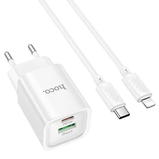 Сетевое зарядное устройство Hoco C149A Charm PD30W+QC3.0 Charger Set (Type-C to Lightning) (EU) Черный - фото 1