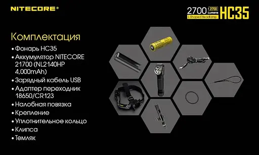 Налобний ліхтар Nitecore HC35 CREE XP-G3 S3 2700LM + Акумулятори 21700 - фото 6