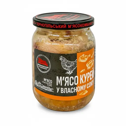 Консерва м'ясна Тернопільський м'ясокомбінат  М'ясо курей у власному соку склобанка 500 г