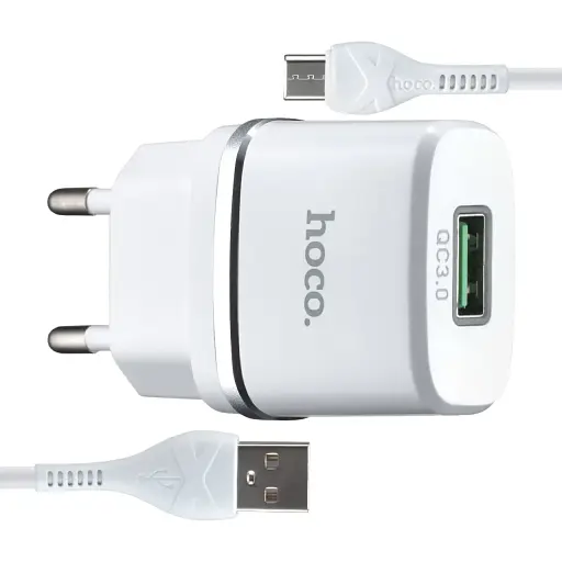 Мережевий зарядний пристрій Hoco C72Q Glorious single port QC3.0 charger ( EU ) ( With Micro USB Cable ) Білий - фото 1