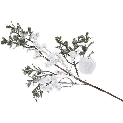 Искусственная ветка 35 см Флористический материал для декора с заснеженными белыми ягодами - фото 1