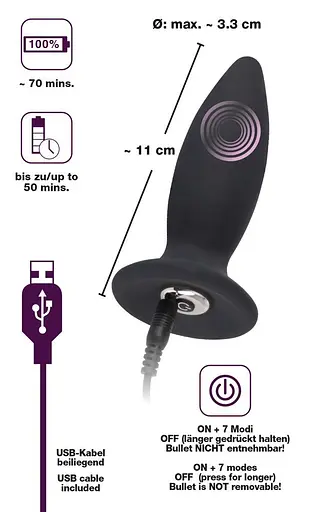 Анальна пробка Black Velvets Rechargeable Plug Small 11 см (чорний) - фото 6