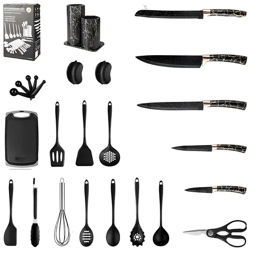 Набір кухонного приладдя 25 предметів з подвійною підставкою, обробною дошкою, набором ножів та прихватками Чорний мрамор - фото 8