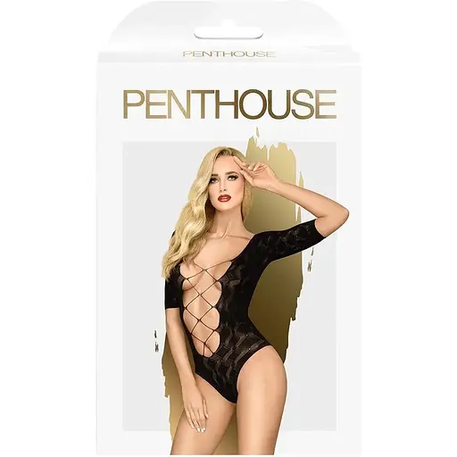 Боди Penthouse Salute Me S/L Black, имитация шнуровки на спине и декольте, геометрическое плетение - фото 3