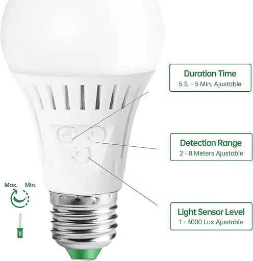 Світлодіодна лампа Elrigs E27 з датчиком руху та датчиком сутінків, 7 Вт, замінює 60 Вт, регульований діапазон - фото 4