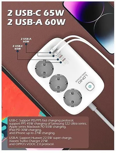 Удлинитель сетевой LDNIO SE3436 - 4 порта + 3 розетки 65 W 2 метра - фото 3