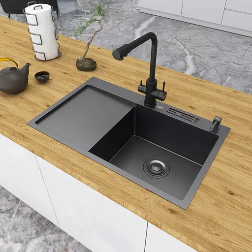 Кухонна мийка чорна з лівим крилом 1.5 мм нержавіюча сталь Nett NB-7848(L), Чорний - фото 6