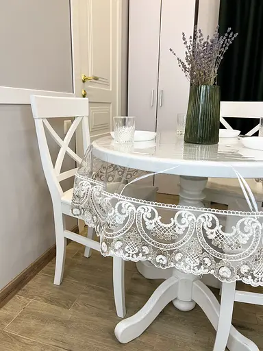 Силіконова скатертина з біло-кавовим мереживом Арка 15 см 280х190 см - фото 9