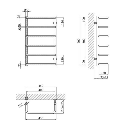 Рушникосушарка водяна Kroner Скоба ДС03 700x430/6 CV014722, Хром, нижнее - фото 2