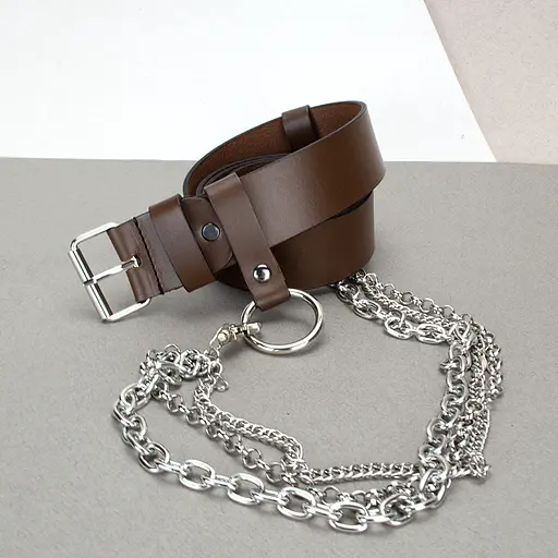 Ремень коричневый с цепочкой кожаный HC-4063 (120 см) - фото 2