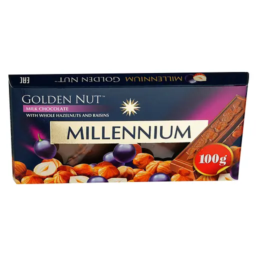 Шоколад молочний Millennium Gold з цілими лісовими горіхами та родзинками 100 г - фото 2