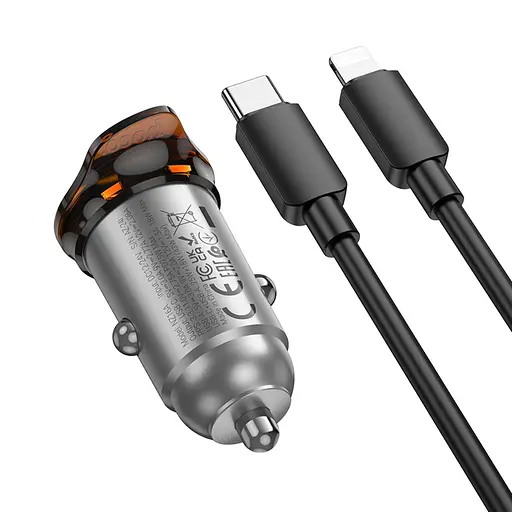 Автомобільний зарядний пристрій Hoco NZ16A USB/Type-C 43W PD QC 25W metal grey + кабель Type-C to Lightning - фото 5
