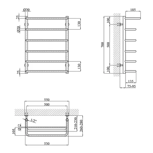 Полотенцесушитель водяной Kroner Скоба ДСп04 700x530/6 с полкой CV017227, Хром, нижнее - фото 2