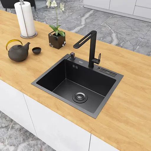 Кухонная мойка черная 45 см накладная 1.5 мм из нержавеющей стали Nett NВ-5245, Черный - фото 4