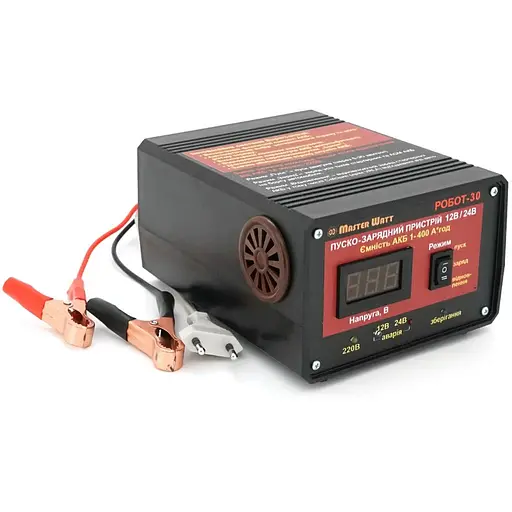 Пуско-зарядное ЗУ РОБОТ-30 для аккумуляторов 12/24V (1-400Ah) (MF, WET, AGM, GEL, CA/CA), 160-245V, Ток заряда 20А, крокодилы в комплекте