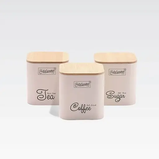 Набір металевих ємностей Maestro MR-1775-3S-IVORY з бамбуковою кришкою для чаю кави та цукру 3шт - фото 1