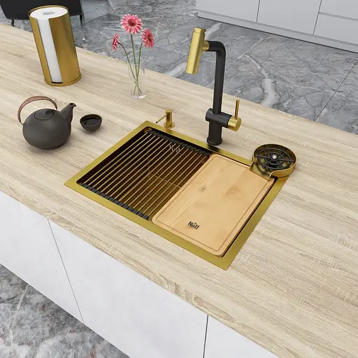 Кухонна мийка під стільницю золота із нержавіючої сталі кухонна станція Nett NG-5742, Золотий - фото 4