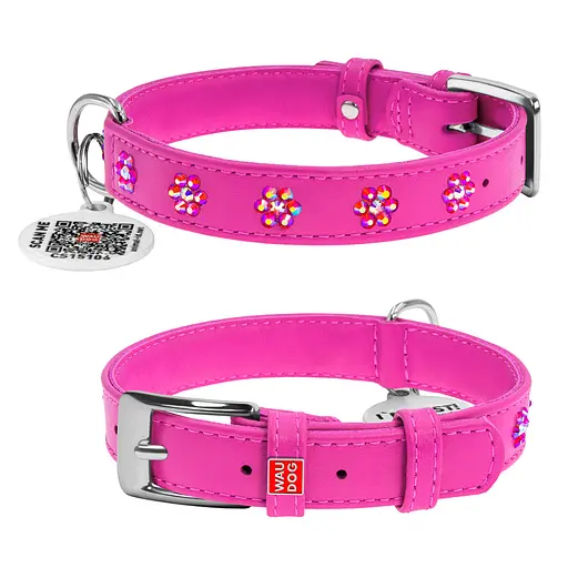 Ошейник для собак кожаный Waudog Glamour с QR-паспортом с клеевыми стразами "Цветы" Ш 20 мм Д 30-39 см