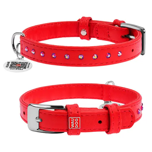 Ошейник для собак кожаный Waudog Glamour с QR-паспортом с клеевыми стразами Ш 12 мм Д 21-29 см красный
