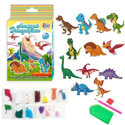 Алмазная мозаика "Динозаврики" 10228 4FUN Game Club, стилус, силиконовый клей, поддной, алмазы, в коробке (6945717412408) - фото 1