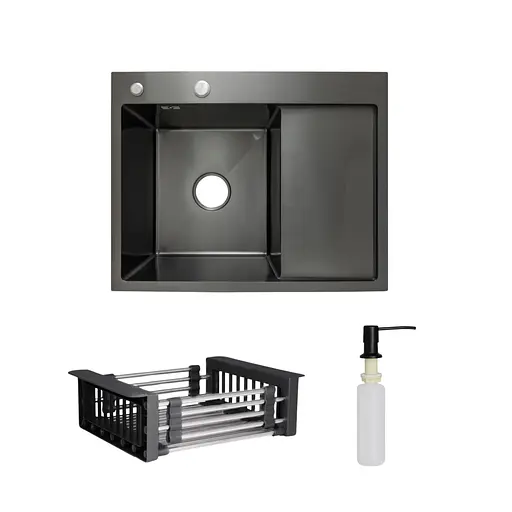 Кухонна мийка Lidz Handmade H6350BR інтегрована крило зправа BlackPVD у комплекті з дозатором та корзиною, Чорний - фото 1